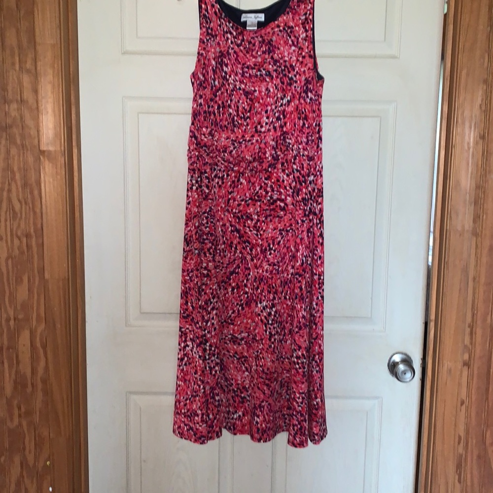 Sleeveless multi-pinks and navy above the ankle dress
